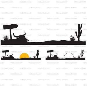 Paisaje del desierto con calavera de toro, cartel de madera y cactus. Diseño del Salvaje Oeste. Cortar archivos para Cricut (eps, svg, pdf, png, dxf, jpeg).