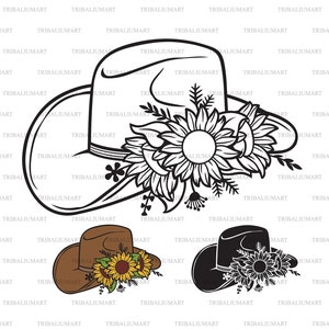 Chapéu de cowboy floral com girassóis e plantas. Cortar arquivos para Cricut. Clip-art (eps, svg, pdf, png, dxf, jpeg).