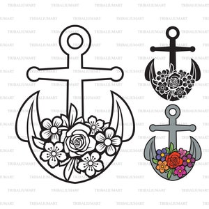 Anker mit Blumen (Blumenmuster, blühen). Dateien für Cricut ausschneiden. ClipArt Silhouetten (eps, svg, pdf, png, dxf, jpg).