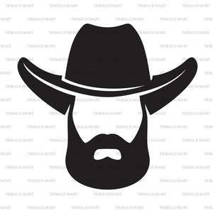 Tête de cowboy avec le chapeau et la barbe. Coupez les fichiers pour Cricut. Silhouettes Clip Art (eps, svg, pdf, png, dxf, jpeg).