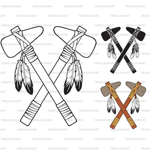 May include: Three variations of a crossed tomahawk design. The first is a black and white outline, the second is a solid black design, and the third is a brown and orange design with feathers.