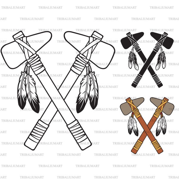 Native American Indian Warrior Axes. Crossed Tomahawks. Cut files for Cricut. Clip Art silhouette (eps, svg, pdf, png, dxf, jpeg).