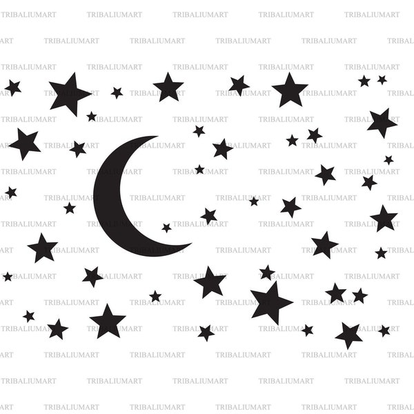 Starry night. Night moon and stars silhouette background. Cut files for Cricut. Clip Art (eps, svg, pdf, png, dxf, jpeg).