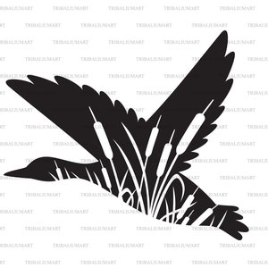 Flying mallard duck and reeds silhouette (bulrush and grass). Cut files for Cricut. Clip Art (eps, svg, pdf, png, dxf, jpeg).