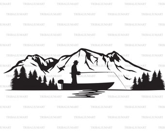 Fisherman in a boat and mountain landscape with forest (Bass Boat, Gone Fishing). Cut files for Cricut (eps, svg, pdf, png, dxf, jpeg).