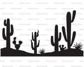 Desert landscape with cactus and plants. Cut files for Cricut. Clip Art silhouettes (eps, svg, pdf, png, dxf, jpeg).