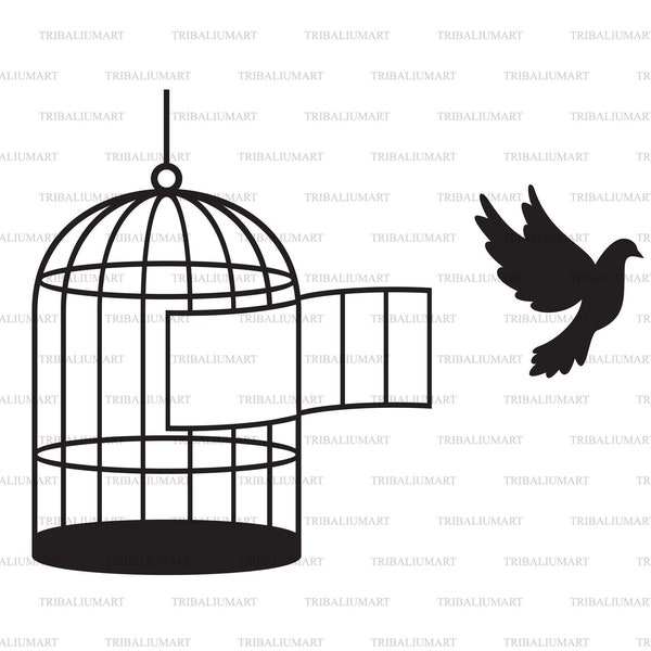 Bird cage (free bird). Cut files for Cricut. Clip Art silhouette (eps, svg, pdf, png, dxf, jpeg).