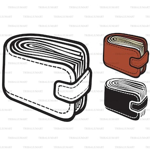 Cartera de cuero con dinero. Cortar archivos para Cricut. Siluetas de Clip Art (eps, svg, pdf, png, dxf, jpeg).