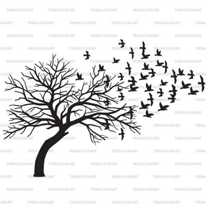 Silhueta de árvore preta nua assustadora e bando de pássaros voadores. Cortar arquivos para Cricut. Clip-art (eps, svg, pdf, png, dxf, jpeg).