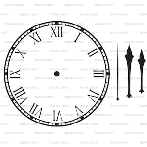 Clock with roman numerals and clock hands. Cut files for Cricut. Clip Art (eps, svg, pdf, png, dxf, jpeg).