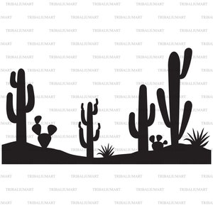 Desert landscape with cactus and plants. Cut files for Cricut. Clip Art silhouettes (eps, svg, pdf, png, dxf, jpeg).