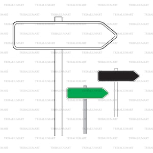 May include: Three road signs with black outlines. The top sign is white with a black arrow pointing to the right. The middle sign is black with a white arrow pointing to the right. The bottom sign is green with a white arrow pointing to the right. The signs are attached to gray poles.