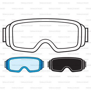 May include: A pair of ski goggles with a black frame and a blue lens. The goggles are shown in two different views, one with the lens facing forward and the other with the lens facing the viewer.