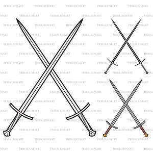 Épées croisées. Coupez les fichiers pour Cricut. Silhouettes Clip Art (eps, svg, pdf, png, dxf, jpeg).