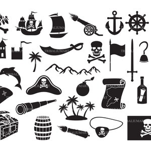May include: Black and white illustrations of pirate themed icons, including a skull and crossbones, a ship, a cannon, an anchor, a treasure chest, a sword, a bottle of rum, a parrot, a map, a spyglass, a pirate hat, and a pirate flag.