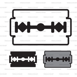 May include: A black and white illustration of a razor blade. The blade is shown in two different views, one with a black blade and one with a gray blade.