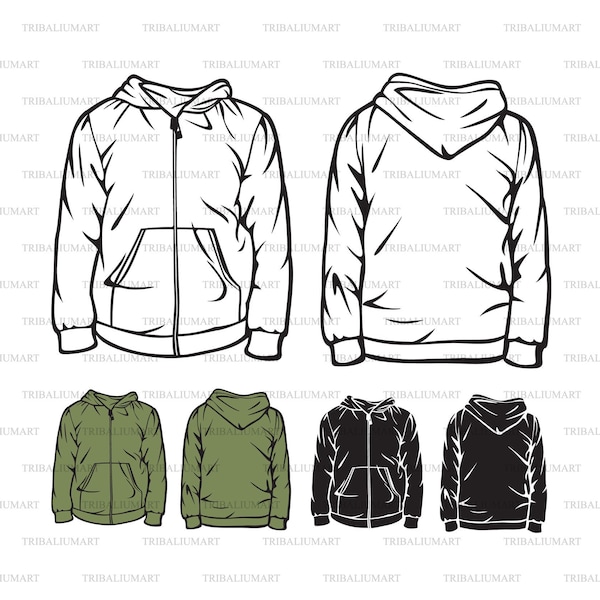 Hooded sweatshirt with pocket and zipper. Cut files for Cricut. Clip Art silhouettes (eps, svg, pdf, png, dxf, jpeg).