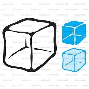 May include: A black and white illustration of an ice cube, with two blue ice cubes floating above it.