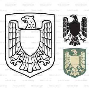 Heraldische Eagle-wapenschild. Knip bestanden voor de Cricut. Clip Art silhouet (EPS, SVG, PDF, PNG, DXF, JPEG).