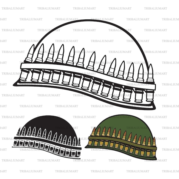 Army helmet with ammo belt. Cut files for Cricut. Clip Art silhouette (eps, svg, pdf, png, dxf, jpeg).