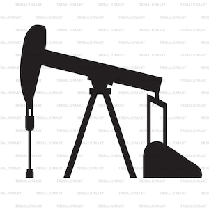May include: A black silhouette of an oil pump jack, a common sight in oil fields. The pump jack is a mechanical device used to extract oil from the ground.