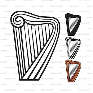 Puede incluir: Una colección de ilustraciones de arpas en varios estilos. La imagen principal presenta un diseño de arpa grande en blanco y negro. Las versiones adicionales incluyen un arpa negra sólida, un arpa a rayas y un arpa marrón y naranja.