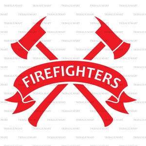 Fire Department or Firefighters Label (Crossed Axes). Cut files for Cricut. Clip Art silhouettes (eps, svg, pdf, png, dxf, jpeg).