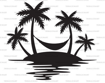 Tropical Island, Palm Trees and Hammock (Summer Design, Beach Silhouette). Cut files for Cricut. Clip Art (eps, svg, pdf, png, dxf, jpeg).