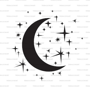 Nachtmaan en sterren (halve maan). Knip bestanden voor Cricut. Clip Art silhouetten (eps, svg, pdf, png, dxf, jpeg).
