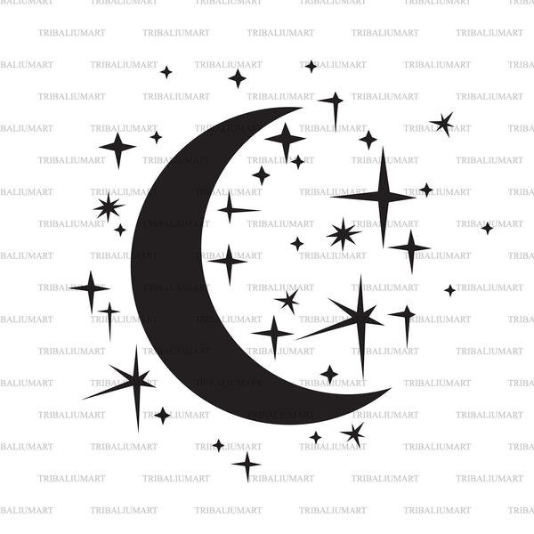 Night moon and stars (crescent). Cut files for Cricut. Clip Art silhouettes (eps, svg, pdf, png, dxf, jpeg).