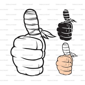 Op de afbeelding: Drie illustraties van een duim omhoog gebaar. De eerste is een zwart-witte omtrek van een hand met een verband om de duim. De tweede is een zwart silhouet van een hand met een verband om de duim. De derde is een hand met een verband om de duim, met huidtinten.