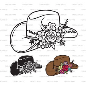 Chapeau de cow-boy avec des fleurs. Couper des fichiers pour Cricut. Clip Art (eps, svg, pdf, png, dxf, jpeg).