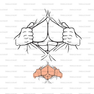 Superheld Open Shirt. Man scheurt weg. Gescheurd of open shirt. Hand scheuren kleding. Knip bestanden voor Cricut (eps, svg, pdf, png, dxf, jpeg).