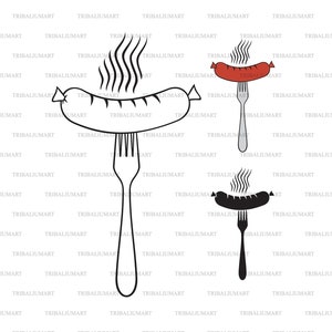 Wurst und Gabel. Schnittdateien für Cricut. Clip Art Silhouetten (eps, svg, pdf, png, dxf, jpeg).