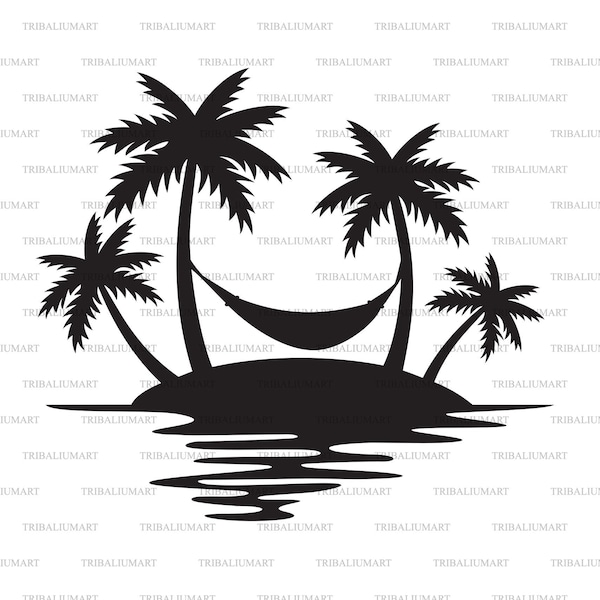 Tropical Island, Palm Trees and Hammock (Summer Design, Beach Silhouette). Cut files for Cricut. Clip Art (eps, svg, pdf, png, dxf, jpeg).