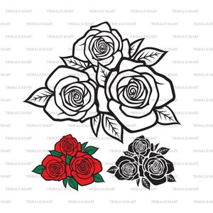 Drie rozen. Knip bestanden voor Cricut. Illustraties silhouetten (eps, svg, pdf, png, dxf, jpeg).