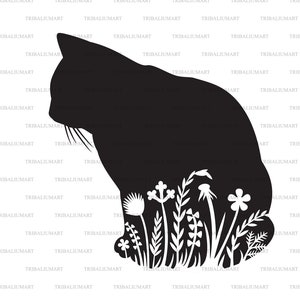 Floral cat. Cut files for Cricut. Clip Art silhouette (eps, svg, pdf, png, dxf, jpeg).