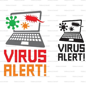 Puede incluir: Un ordenador portátil en blanco y negro con un gráfico de virus rojo, verde y negro. El texto "VIRUS ALERT!" está escrito en letras rojas y naranjas.