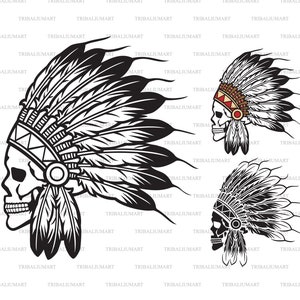 May include: Black and white illustration of a skull wearing a Native American headdress with feathers. The headdress is detailed with intricate patterns and beadwork. The skull is in profile view, with a stern expression.
