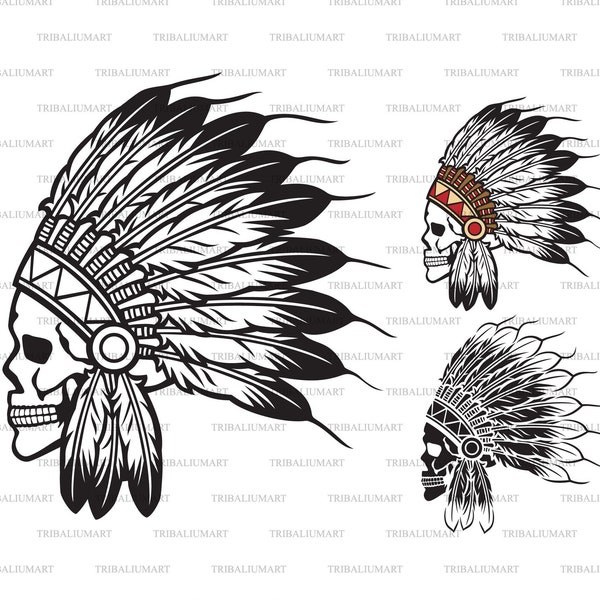 Native American chief headdress with skull (Indian Warrior). Cut files for Cricut. Clip Art silhouette (eps, svg, pdf, png, dxf, jpeg).
