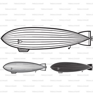 May include: A black and white illustration of a dirigible or airship. The airship is shown in three different views: side, top, and bottom. The airship has a long, slender body with a pointed nose and a tail fin. It has a gondola hanging below the body, and a propeller at the rear.