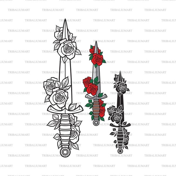 Vintage knife with roses. Cut files for Cricut. Clip Art silhouette (eps, svg, pdf, png, dxf, jpeg).