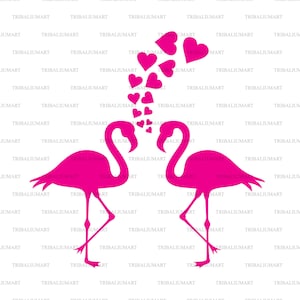 Dois flamingos e corações. Corte arquivos para Cricut, silhuetas de Clip Art (eps, svg, pdf, png, dxf, jpeg).