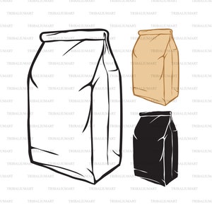 Embalaje de bolsas de papel. Cortar archivos para Cricut. Siluetas Clip Art (eps, svg, pdf, png, dxf, jpeg).