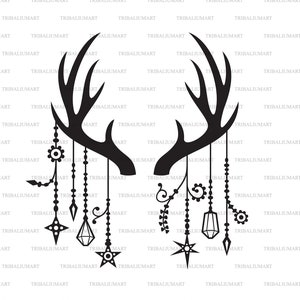 鹿の角（ボヘミアンスタイル）。Cricut 用のカット ファイル。クリップ アートのシルエット（eps、svg、pdf、png、dxf、jpeg）。