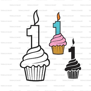 De cake van de verjaardag met kaars. Knip bestanden voor Cricut. Illustraties silhouetten (eps, svg, pdf, png, dxf, jpeg).