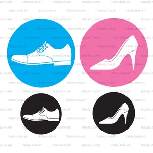 Man en Vrouw Restroom Teken met schoenen (WC pictogram, Het symbool van de montageruimte). Knip bestanden voor Cricut (eps, svg, pdf, png, dxf, jpeg).