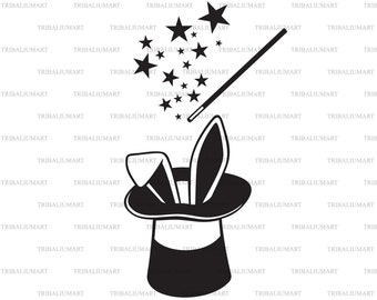 Toverhoed, Toverstok en Konijn (Konijntje). Knip bestanden voor Cricut. Clip Art silhouet (eps, svg, pdf, png, dxf, jpeg).