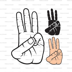 Drie vingers salueren (handgebaar). Knip bestanden voor Cricut. Clip Art silhouet (eps, svg, pdf, png, dxf, jpeg).