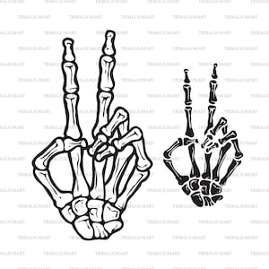 Skelet hand maken vredesteken gebaar. Knip bestanden voor Cricut. Clip Art silhouetten (eps, svg, pdf, png, dxf, jpeg).